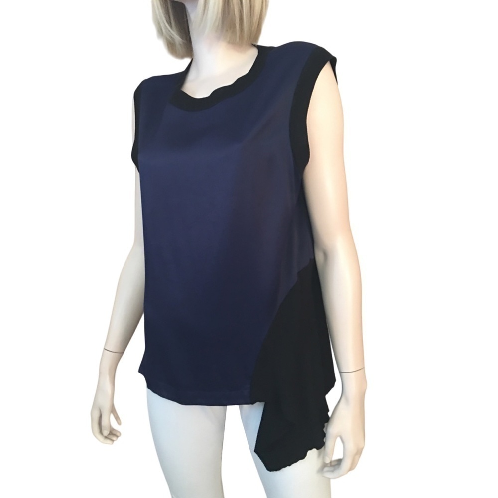 DKNY Asymmetrical Flounce Panel Top Blouse Tunic Tank Rayon Merino Wool NWOT